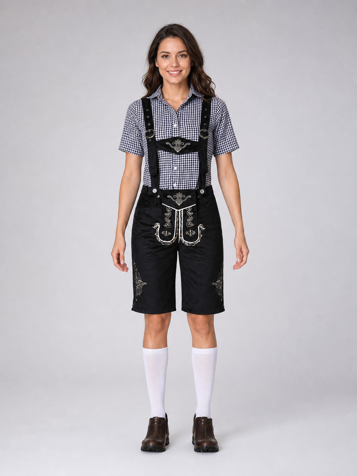 Historical Ethnic Costume with Suspenders and Embroidery front view