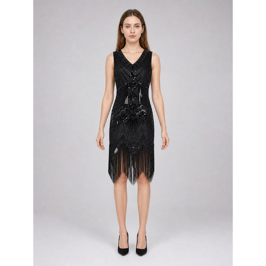 Black Art Deco Flapper Fringe Dress