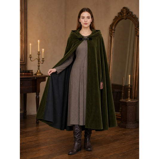 Medieval Fantasy Long Hooded Cape with Oversized Hood, Velvety-Look Green Exterior and Black Lining for Cosplay Events
