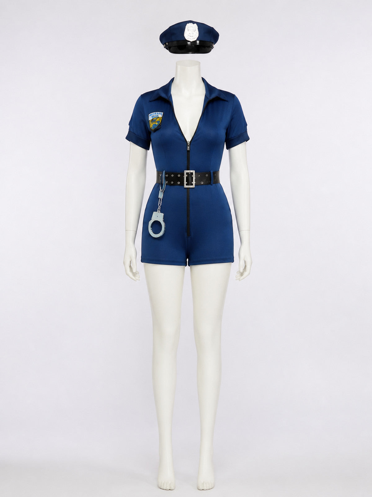 Women's Blue Police Bodysuit Costume with Badge Details and Belt, Halloween on-model view