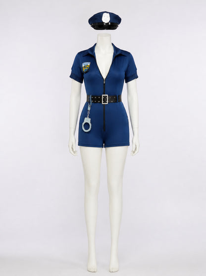 Women's Blue Police Bodysuit Costume with Badge Details and Belt, Halloween on-model view