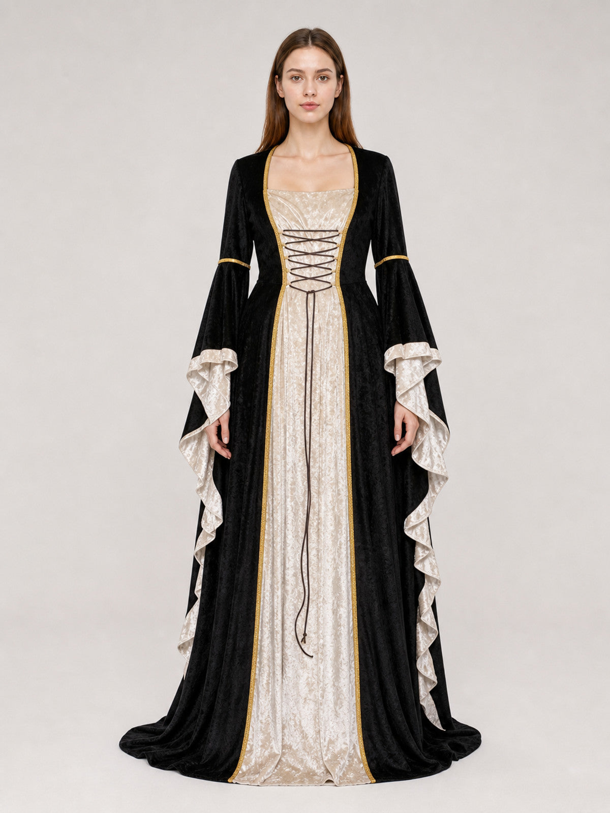 Floor-Length Dress with Corset Lacing and Ruffles front view