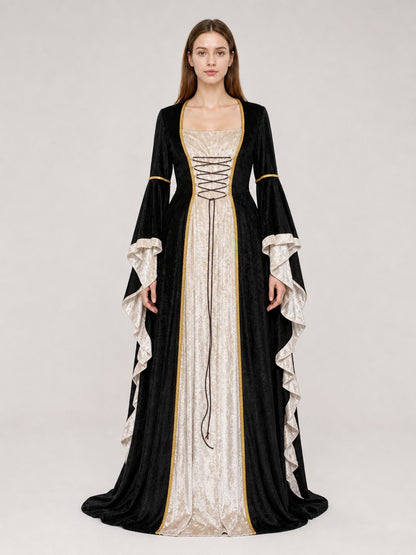 Floor-Length Dress with Corset Lacing and Ruffles front view