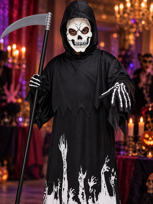 Grim Reaper Skeleton Costume with Mask and Scythe