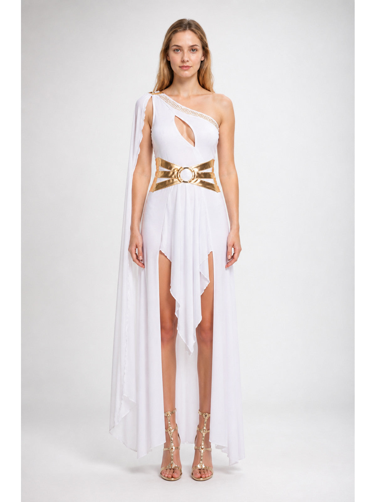 White Cleopatra Costume with Gold Belt and High Slit main product view