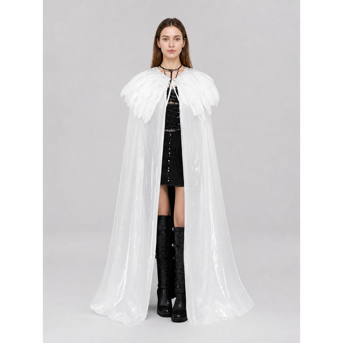 White Velvet Cape with Feather Trim, Maxi