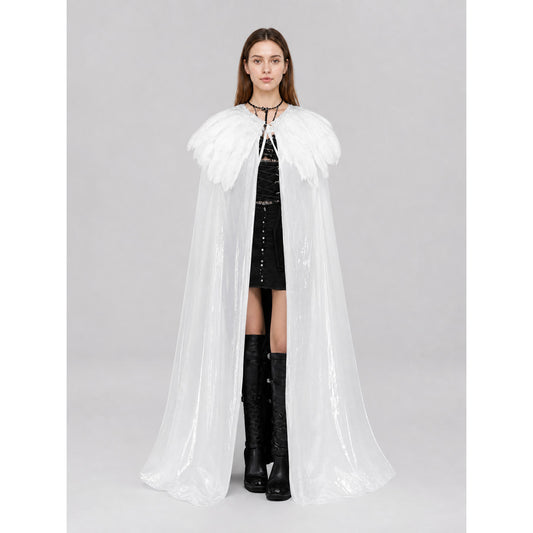 White Velvet Cape with Feather Trim, Maxi on-model view