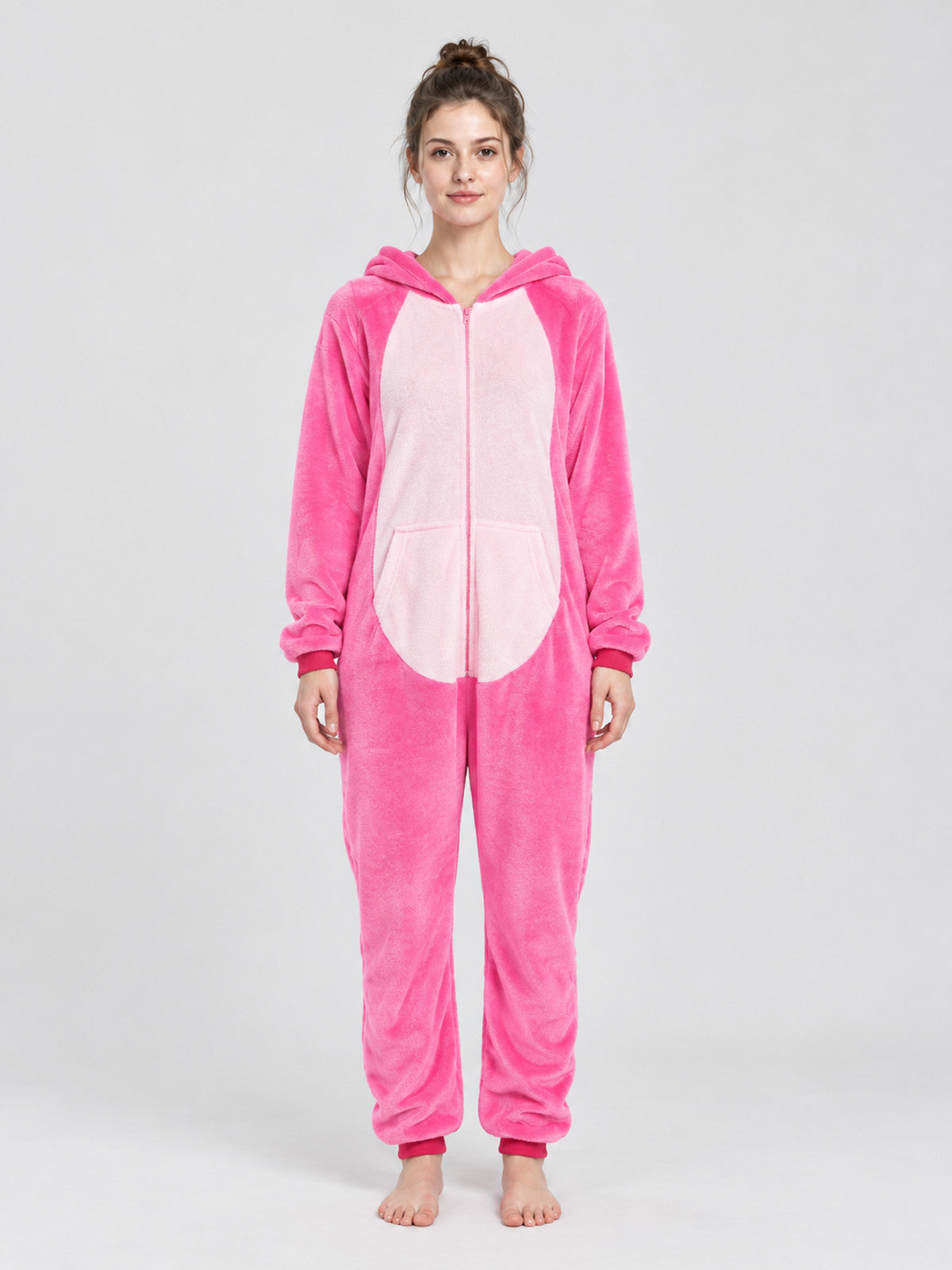 Pink pajama jumpsuit with hood, pocket, and zipper