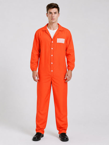 Orange coverall with a smooth fabric look, notched collar, white buttons, chest patch, long sleeves, and elastic cuffs, shown full-body on a model