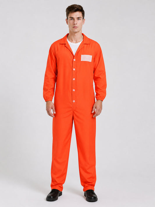 Orange coverall with a smooth fabric look, notched collar, white buttons, chest patch, long sleeves, and elastic cuffs, shown full-body on a model