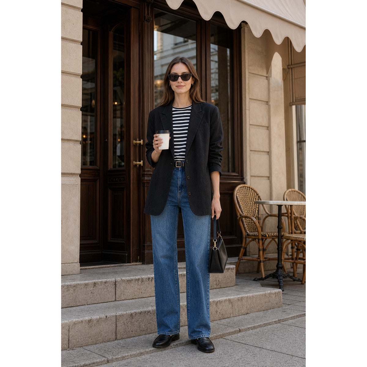 Women's black oversized blazer with lapels on-model view