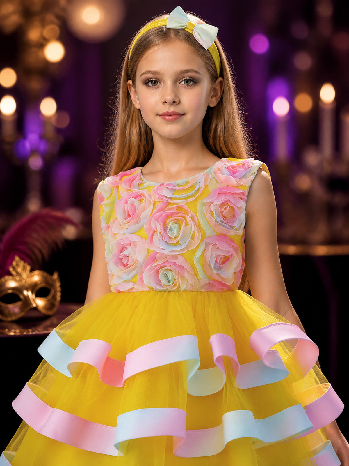 Girls' Princess Dress, Layered Tulle Cake Skirt With Rose and Bow Details