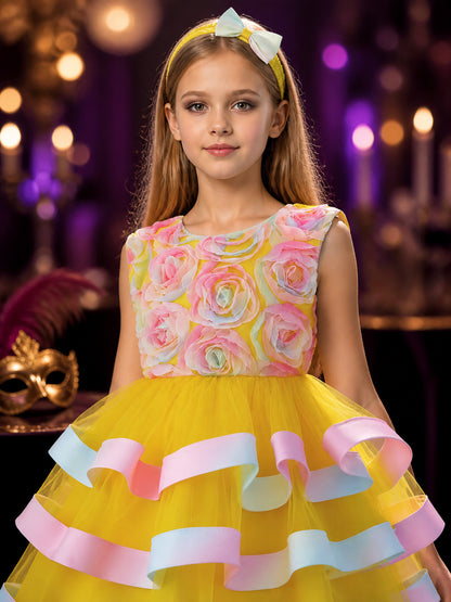 Girls' Princess Dress, Layered Tulle Cake Skirt With Rose and Bow Details