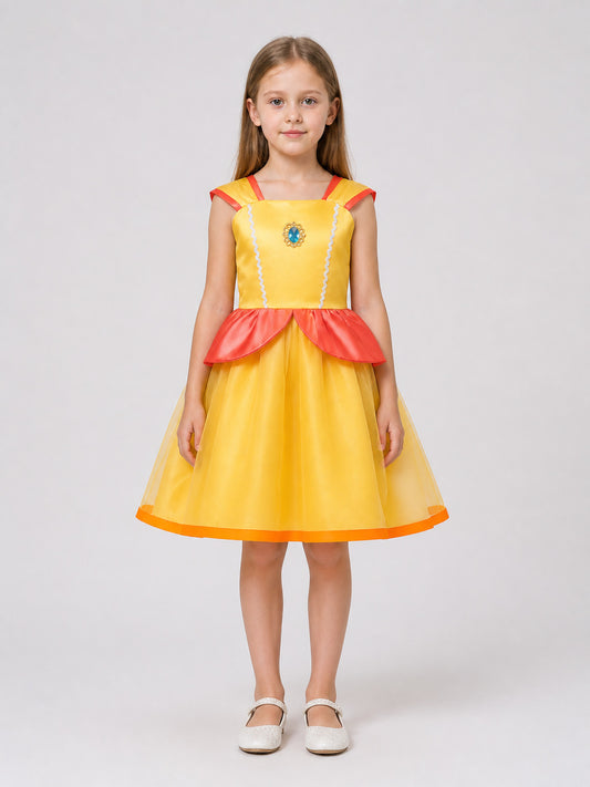 Yellow Princess Dress with Full Skirt and Brooch on-model view