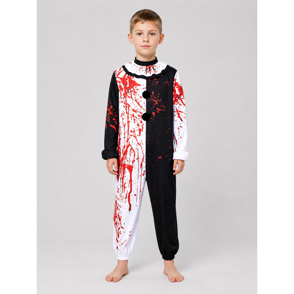 Clown cosplay costume, black and white with blood splatters on-model view