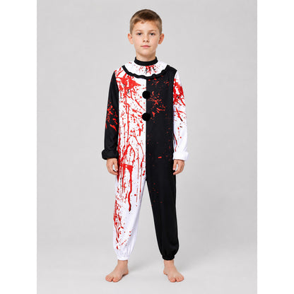 Clown cosplay costume, black and white with blood splatters on-model view