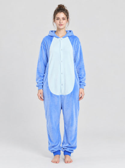 Blue hooded pajama jumpsuit with snap buttons