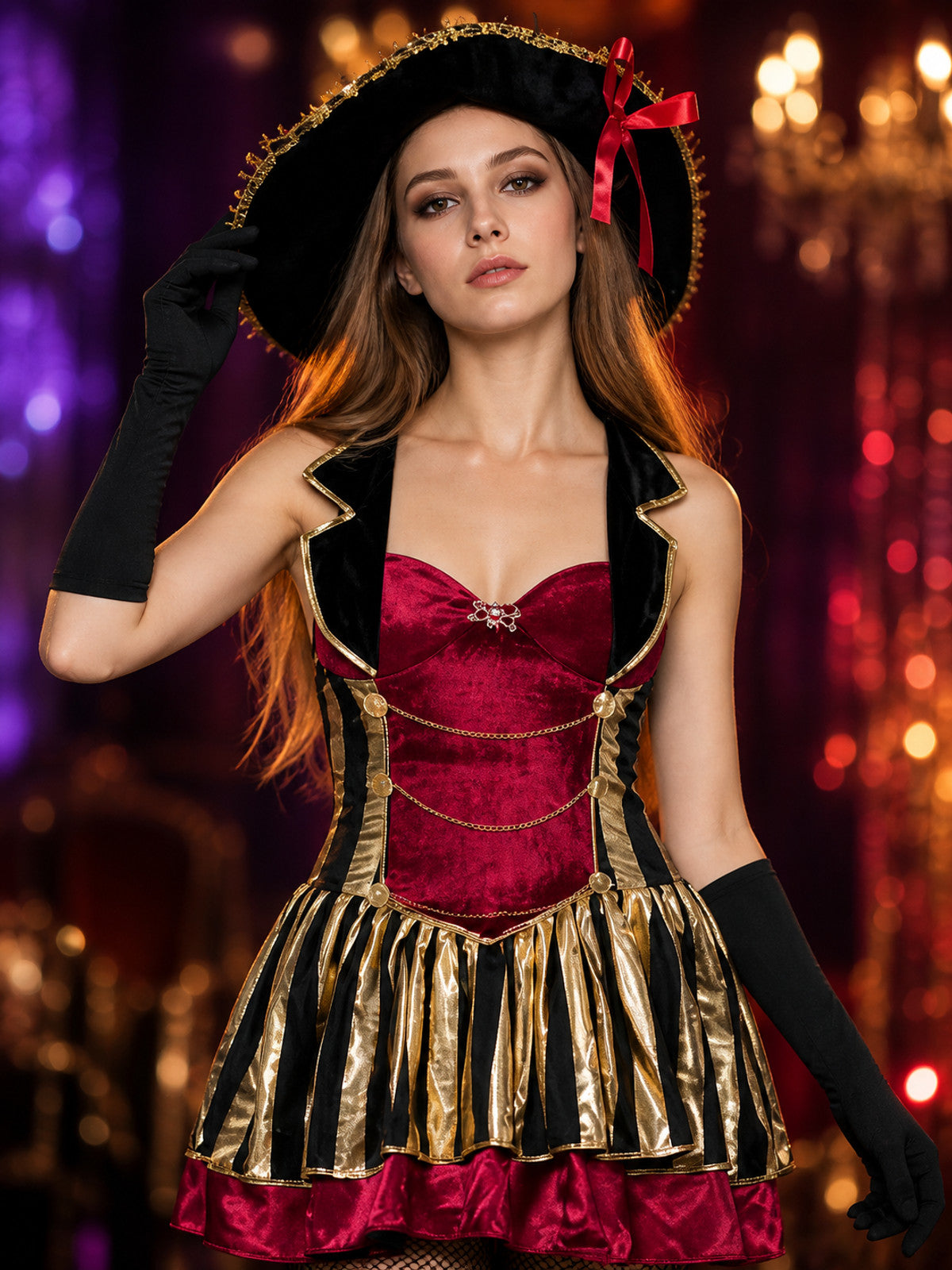 Pirate Costume with Bandeau Top and Flared Skirt for Cosplay on-model view