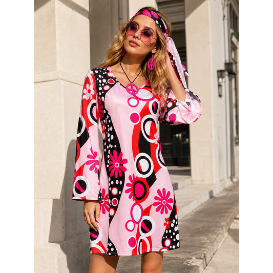 Women's Dress with Long Sleeves, Lacing, and Pattern