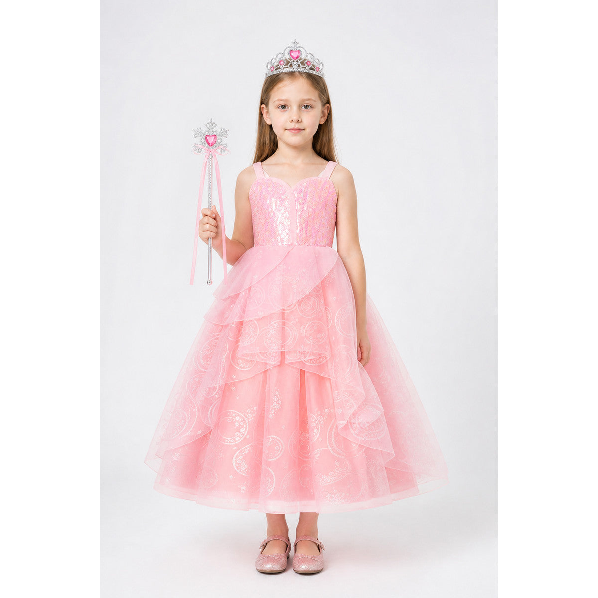 Pink Children's Halloween Costume with Crown and Wand main product view