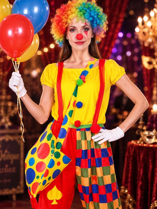 Adult Clown Costume with Suspenders and Pom-Poms
