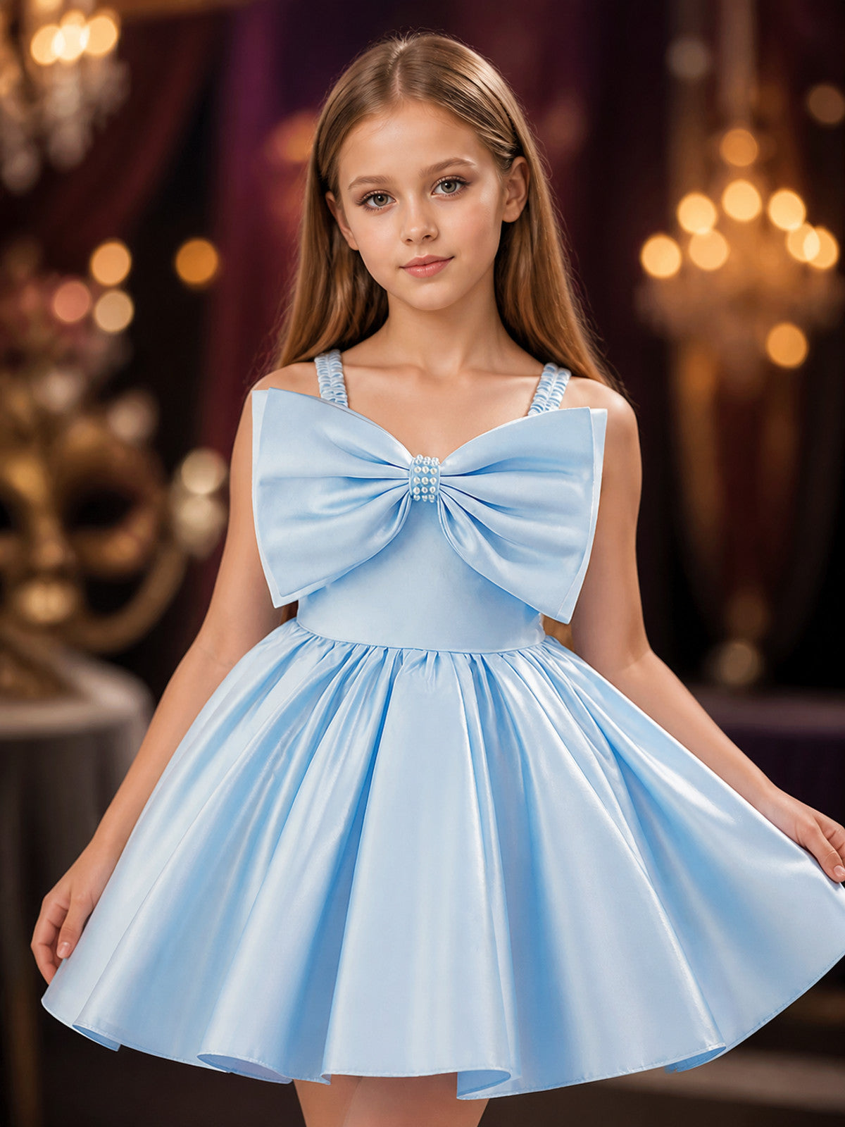 Baby Girl Sky Blue Princess Dress with Oversized Bow, Sleeveless Party Gown on-model view