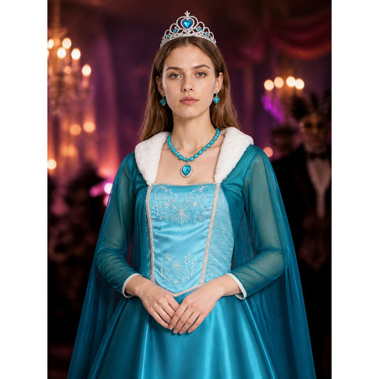 Women's Ice Princess Costume Dress with Cape, Jeweled Snowflake Details on-model view