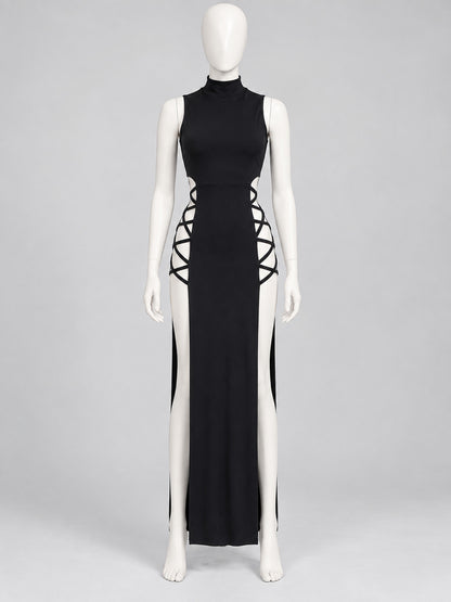 Fitted Dress with a High Neckline and Side Lacing on-model view