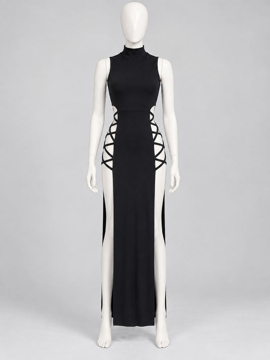 Fitted Dress with a High Neckline and Side Lacing on-model view