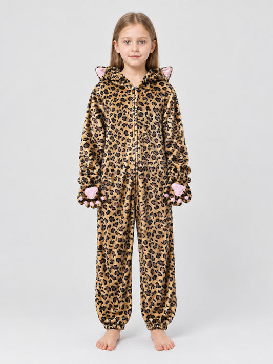 Hooded Pajama Jumpsuit with Ears, Leopard Print