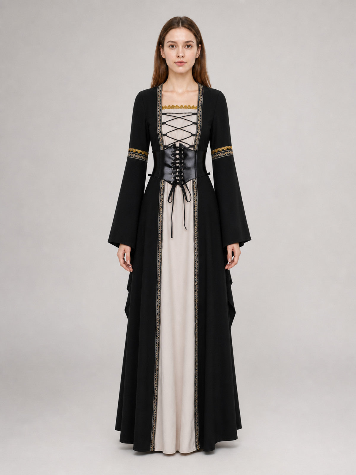 Gothic Long-Sleeve Lace-Up Dress front view