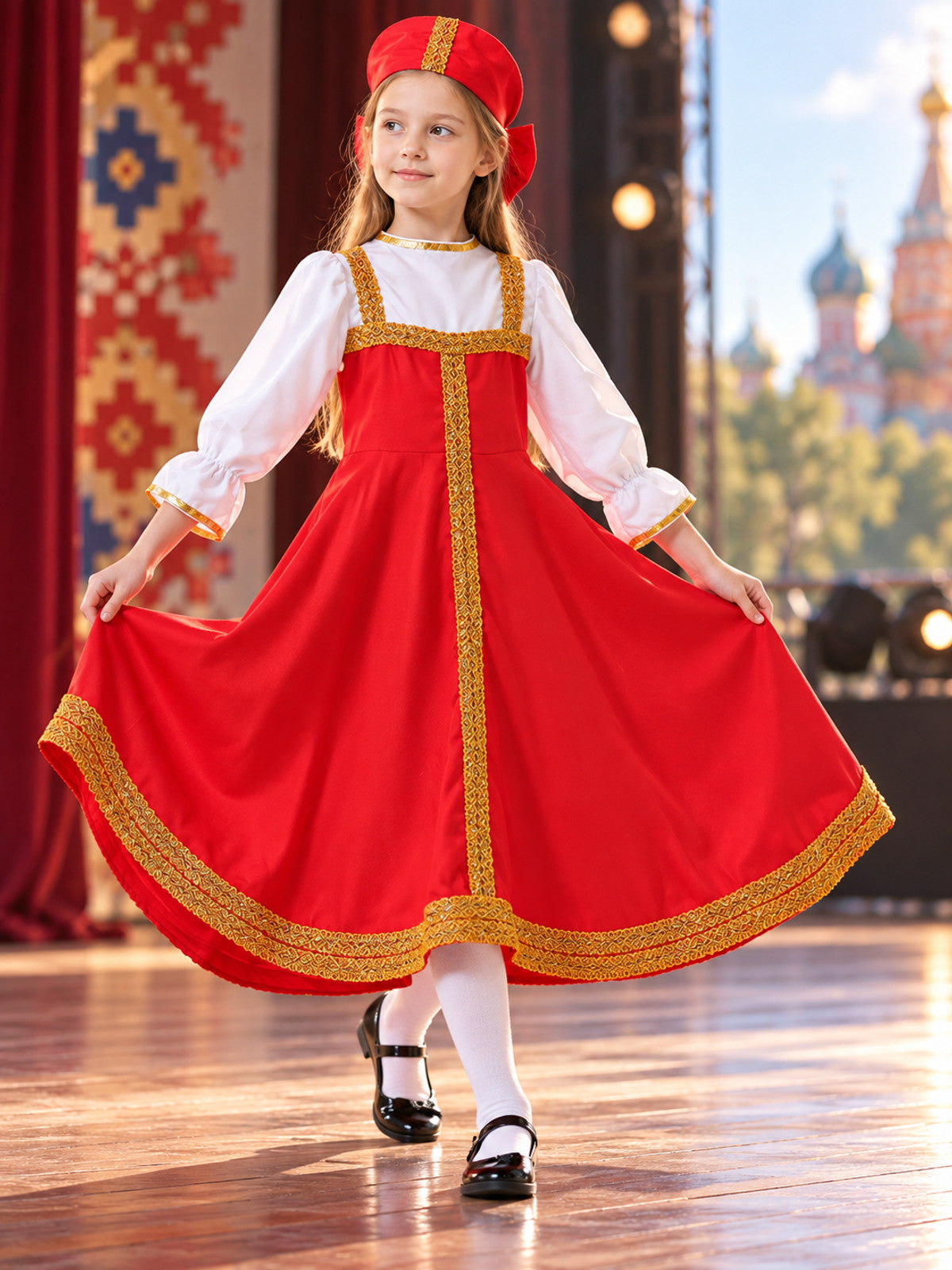 Children's Red Stage Costume with Headpiece main product view