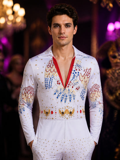 White Rock Singer Jumpsuit Costume With Flared Legs And Colorful Patterns on-model view