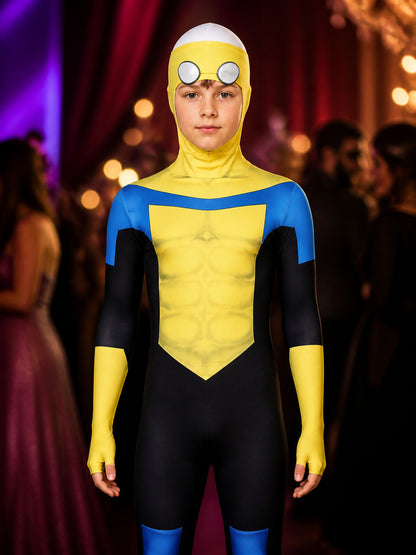 Blue Yellow Black Superhero Hooded Full-Body Jumpsuit Costume on-model view