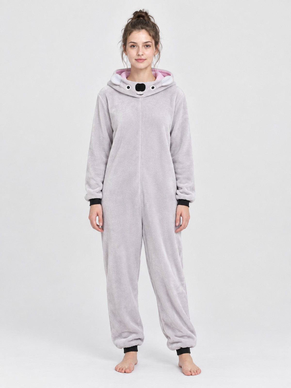 Gray fleece hooded pajama jumpsuit with ears