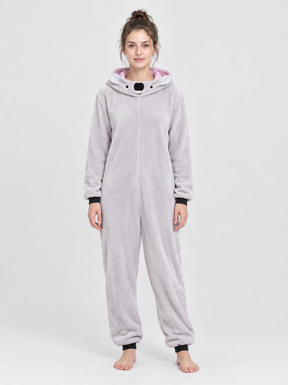 Gray fleece hooded pajama jumpsuit with ears