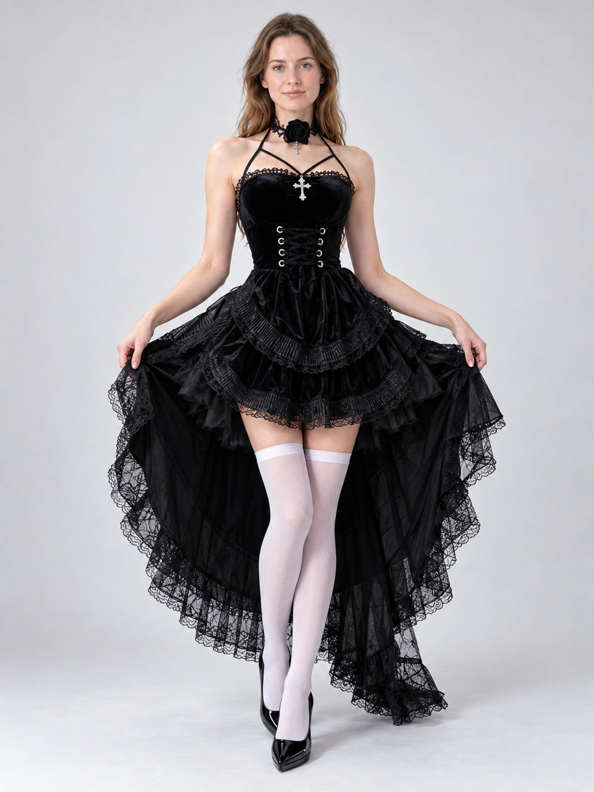 Black Gothic-Style Halloween Dress with Crinoline