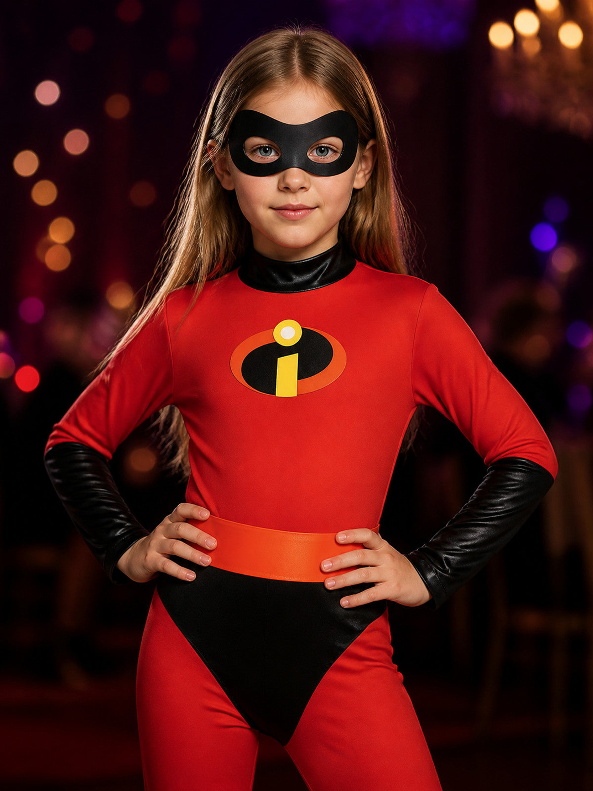 Kids Superhero Bodysuit Costume, Red Jumpsuit with Black Eye Mask, Chest Emblem on-model view