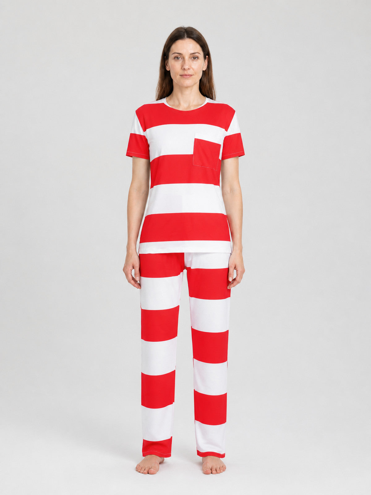 Prison Costume for Cosplay, Red and White Striped on-model view