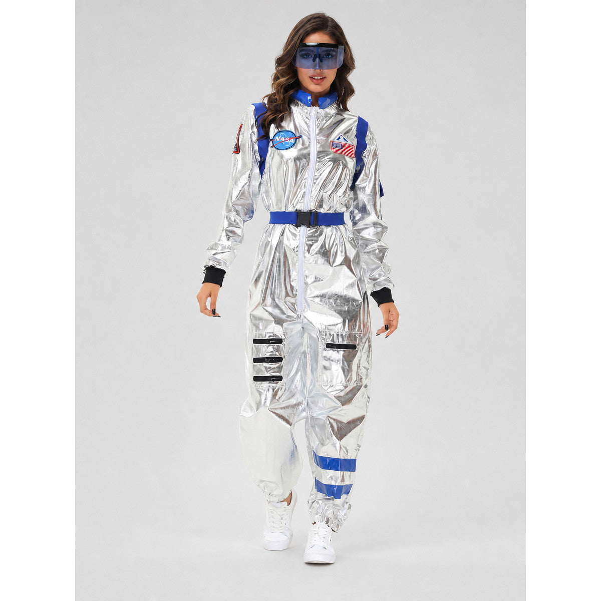 Silver and blue one-piece astronaut costume for cosplay on-model view