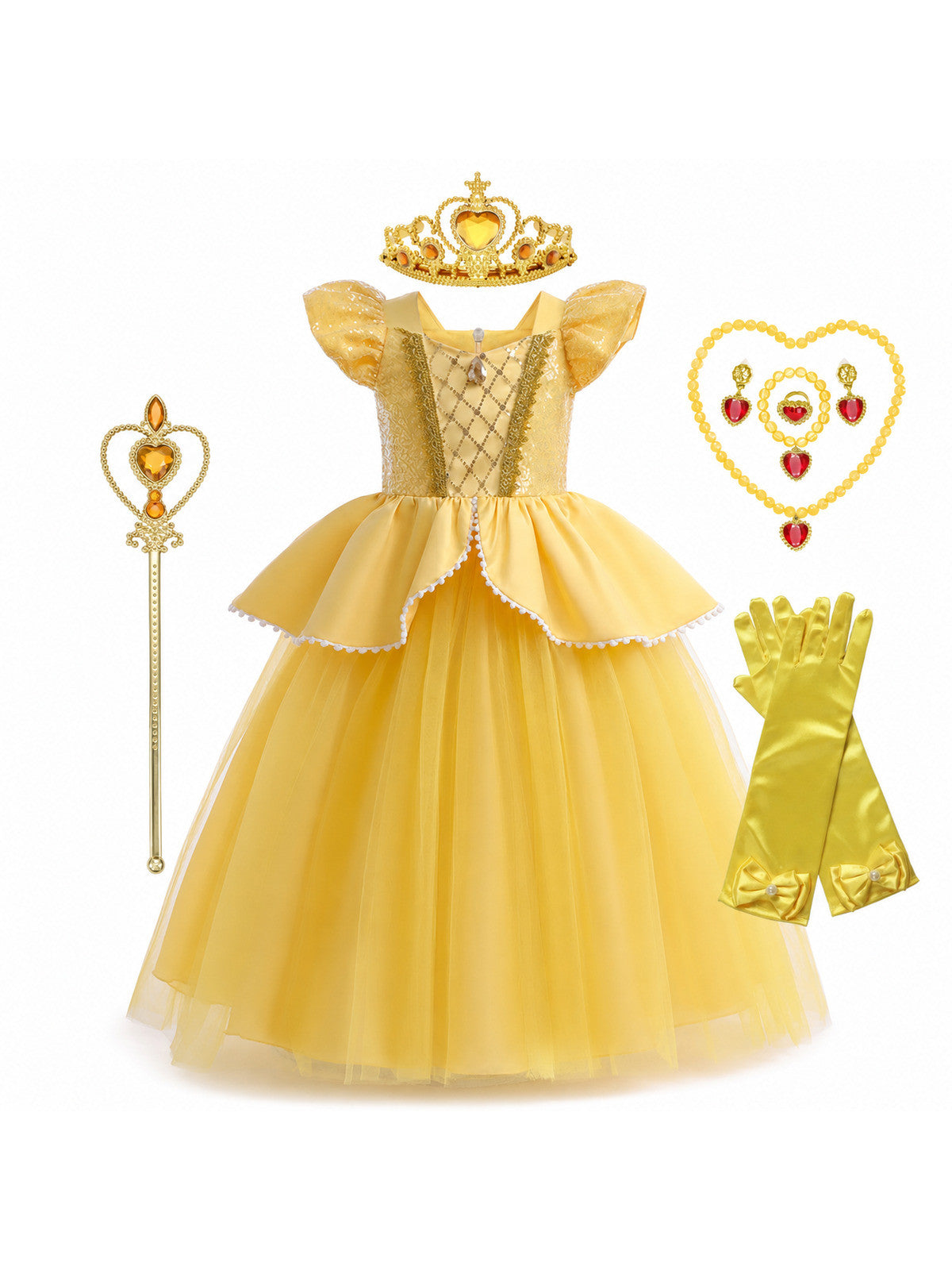 Girls Belle Princess Dress Beauty and the Beast Sequin Tulle Gown Kids Birthday