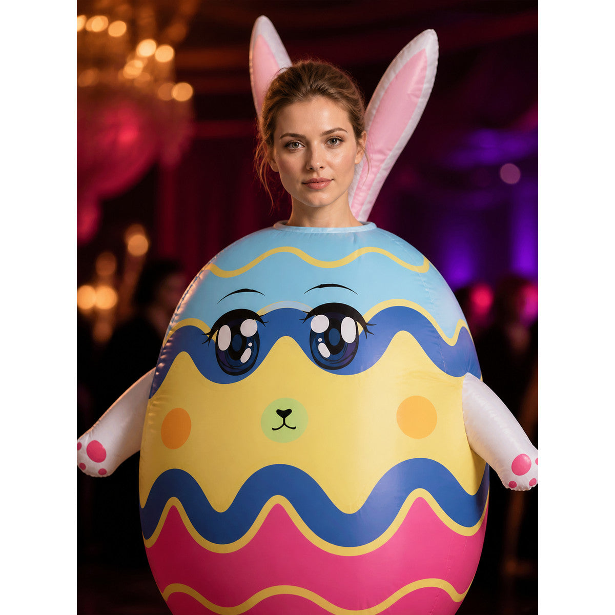 Inflatable Rabbit Egg Bodysuit Costume, Cartoon Striped Animal Outfit with Long on-model view