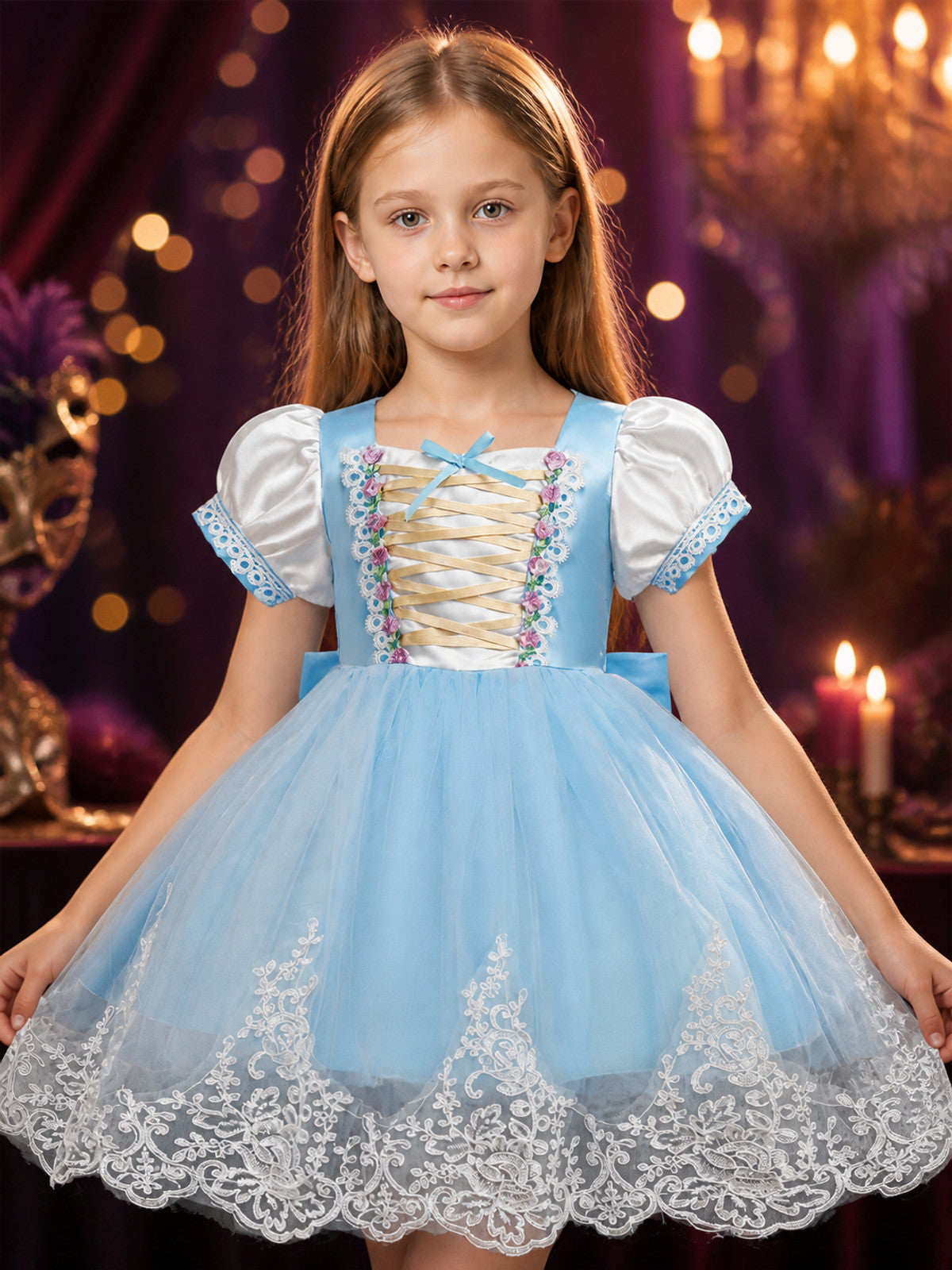 Girls' Sky Blue Princess Dress, Puff Sleeve Tulle Dress With Bow And Lace Trim on-model view