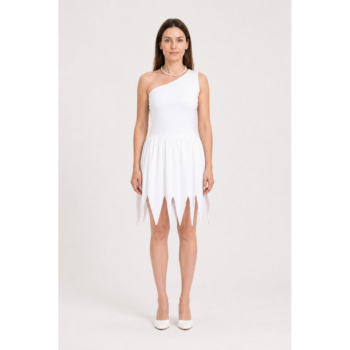 White One-Shoulder Dress with Jagged Hem and Pearls main product view