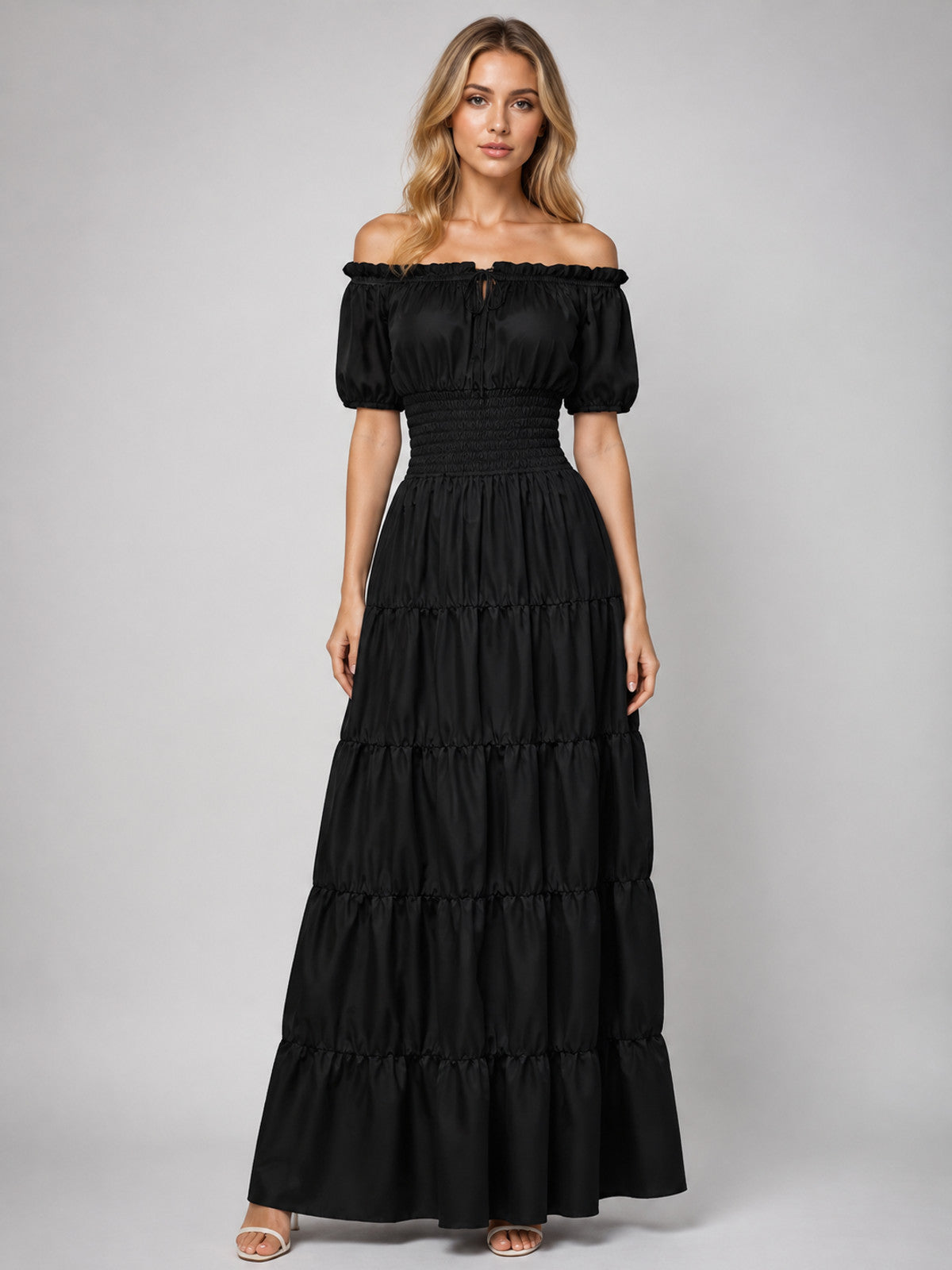 Floor-Length Off-the-Shoulder Dress with Puff Sleeves on-model view
