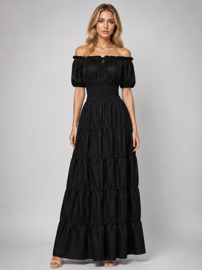 Floor-Length Off-the-Shoulder Dress with Puff Sleeves on-model view