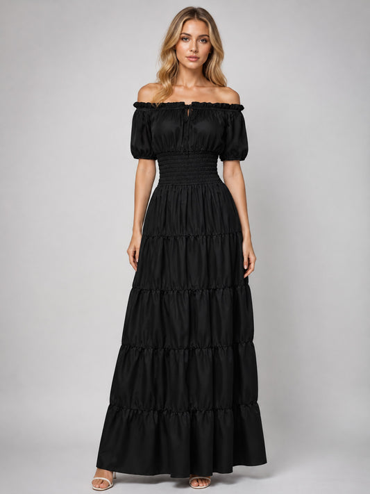 Floor-Length Off-the-Shoulder Dress with Puff Sleeves on-model view