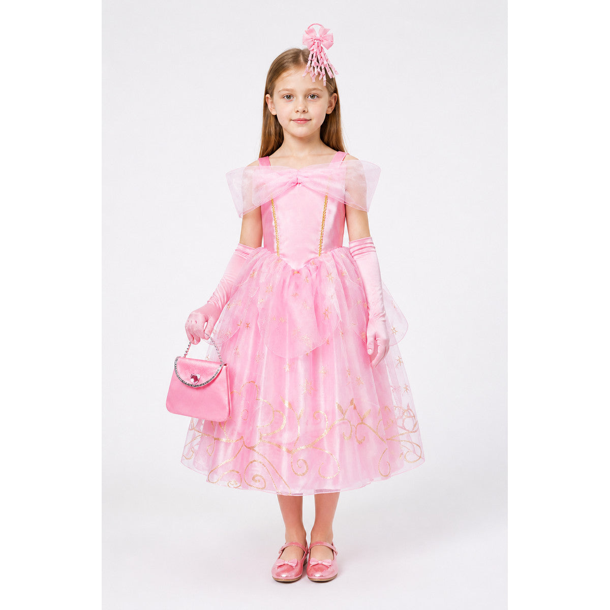 Pink Puffy Girls' Dress with Handbag and Gloves main product view