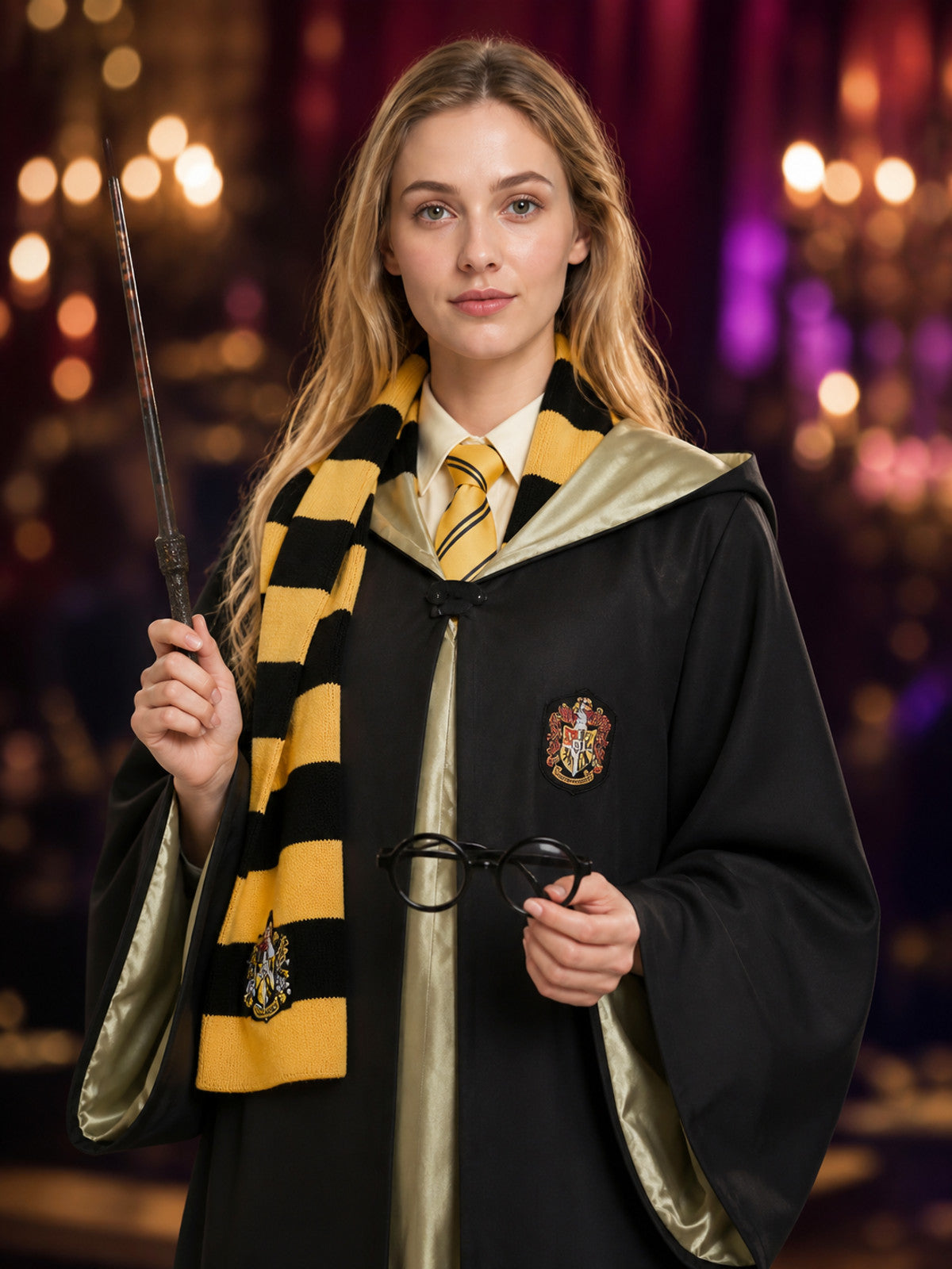 Wizard Hooded Robe Costume Set, Black and Yellow Striped Scarf, Tie, Wand and on-model view
