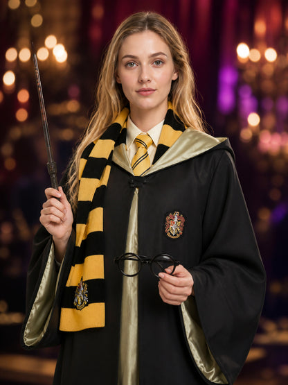 Wizard Hooded Robe Costume Set, Black and Yellow Striped Scarf, Tie, Wand and on-model view